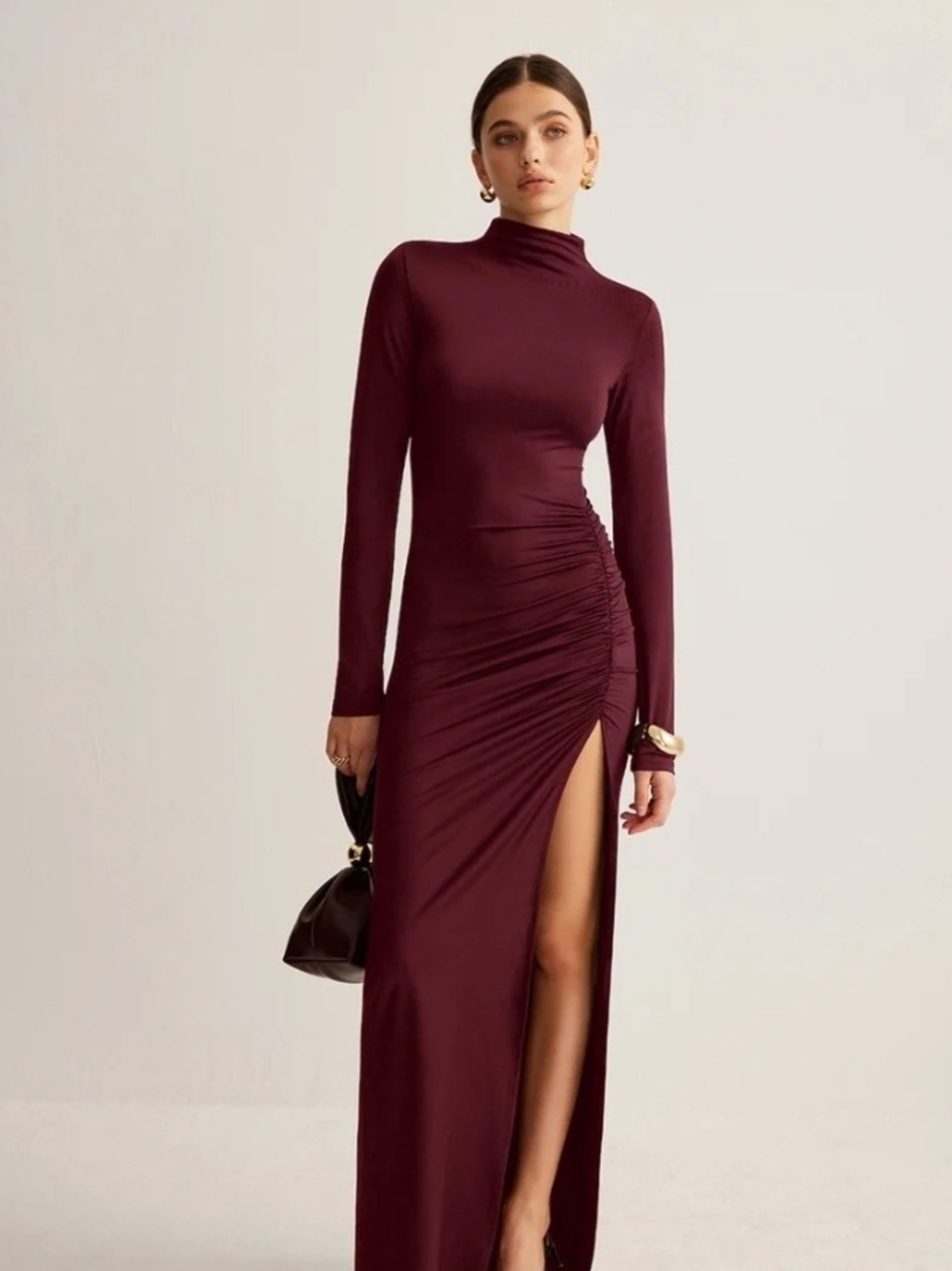 Commense Burgundy High Neck Long Sleeve Ruched Slit Maxi Dress
